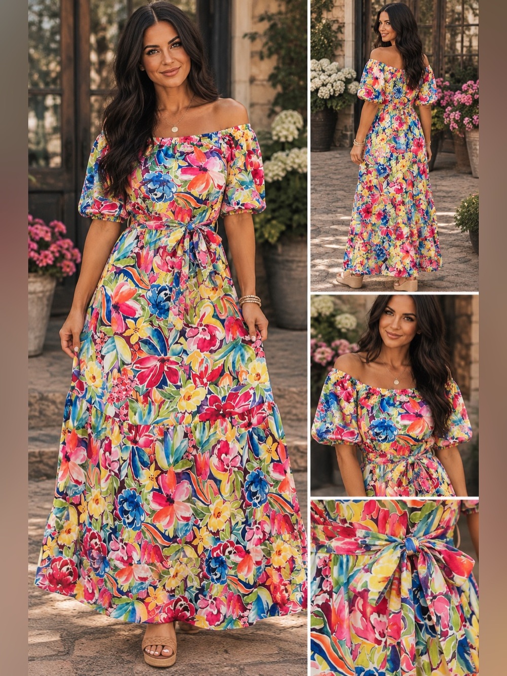 Alexia Admor Floral Off Shoulder Maxi Dress Puff Sleeve Tie Waist Size S